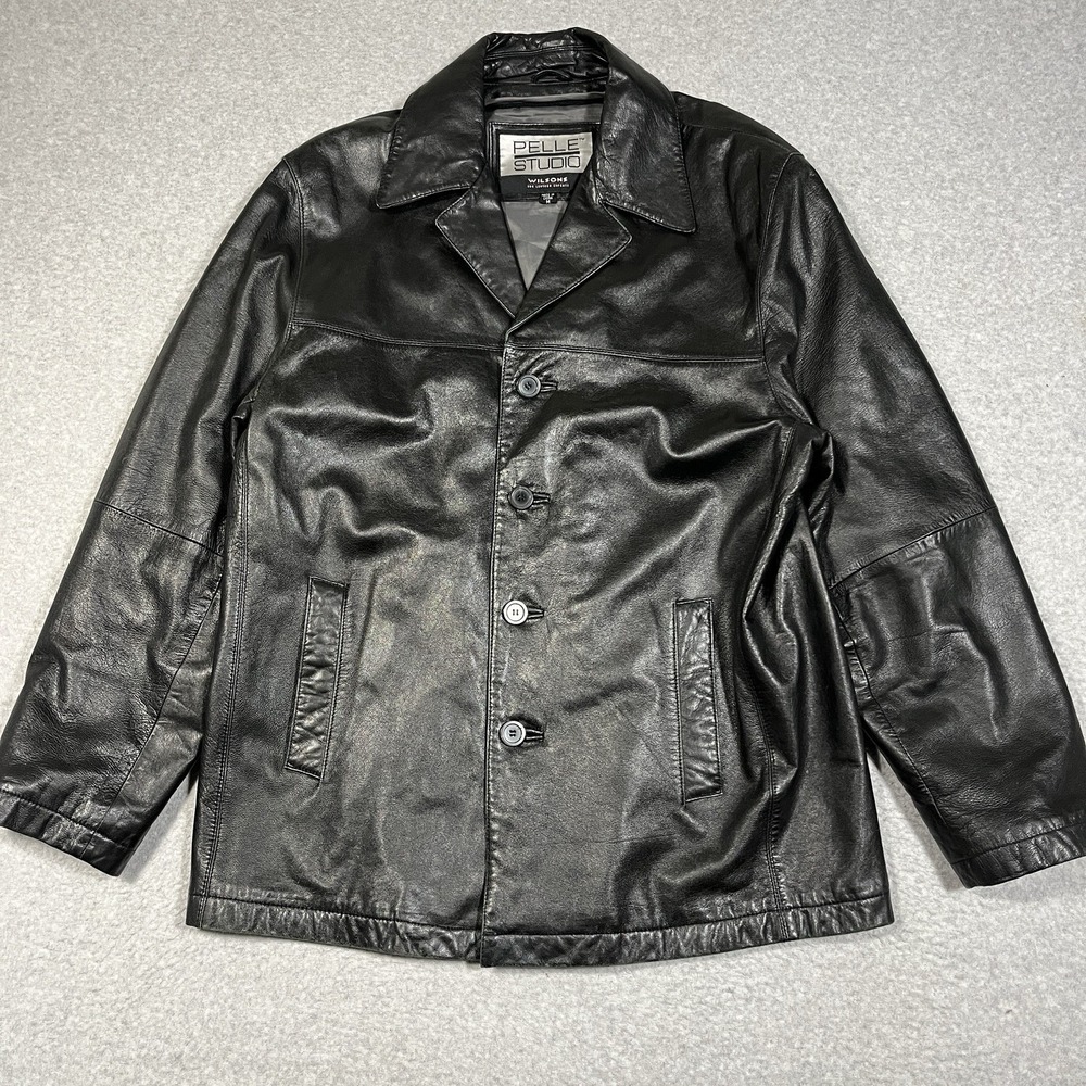 Wilsons Leather Pelle Studio Jacket Mens Medium Black Pea Coat Blazer Long Butto